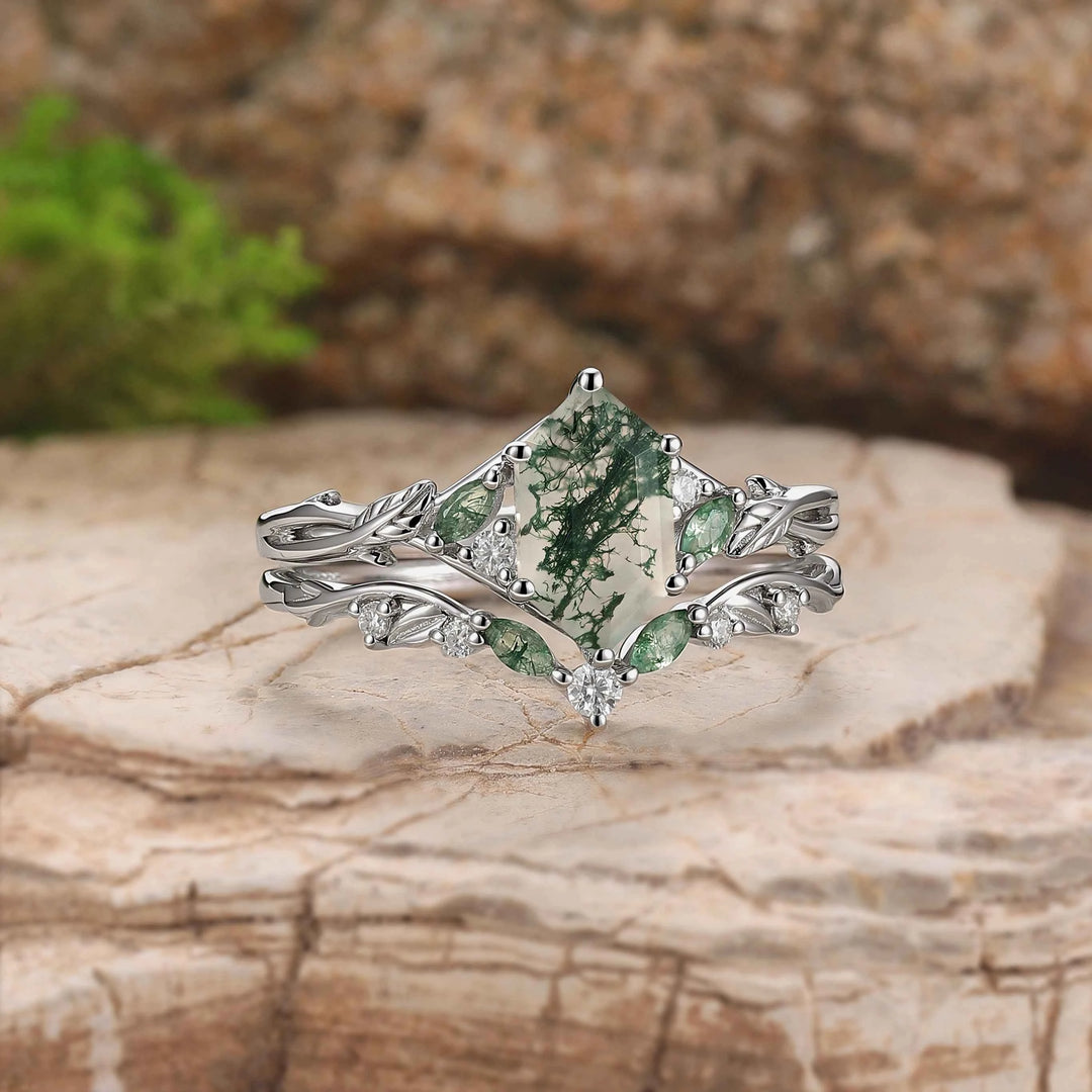 Unique Hexagon Cut Moss Agate Vine Leaf Gemstone Ring Set 2pcs