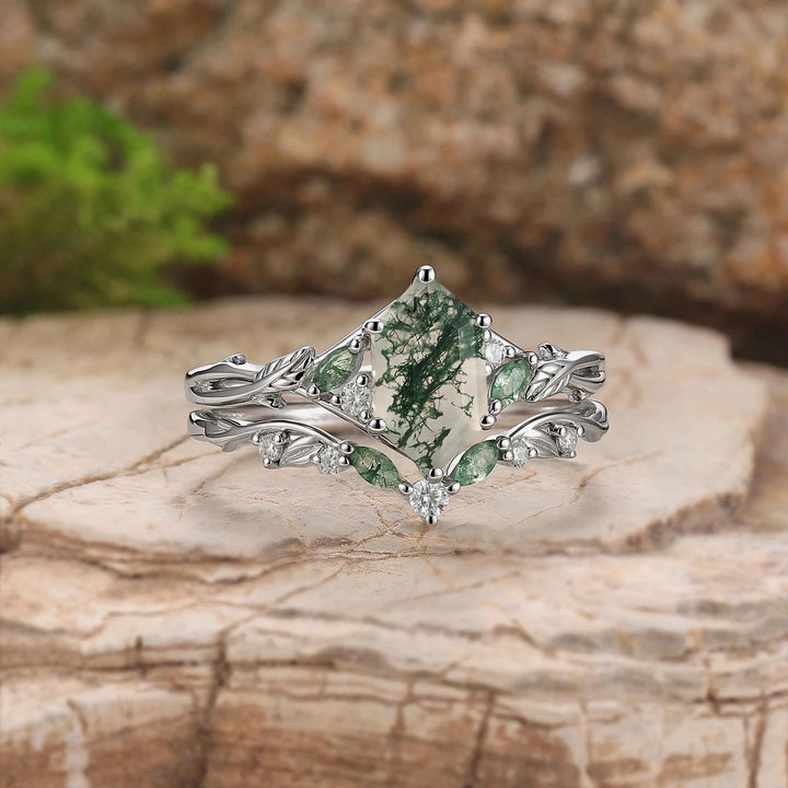 Unique Hexagon Cut Moss Agate Vine Leaf Gemstone Ring Set 2pcs