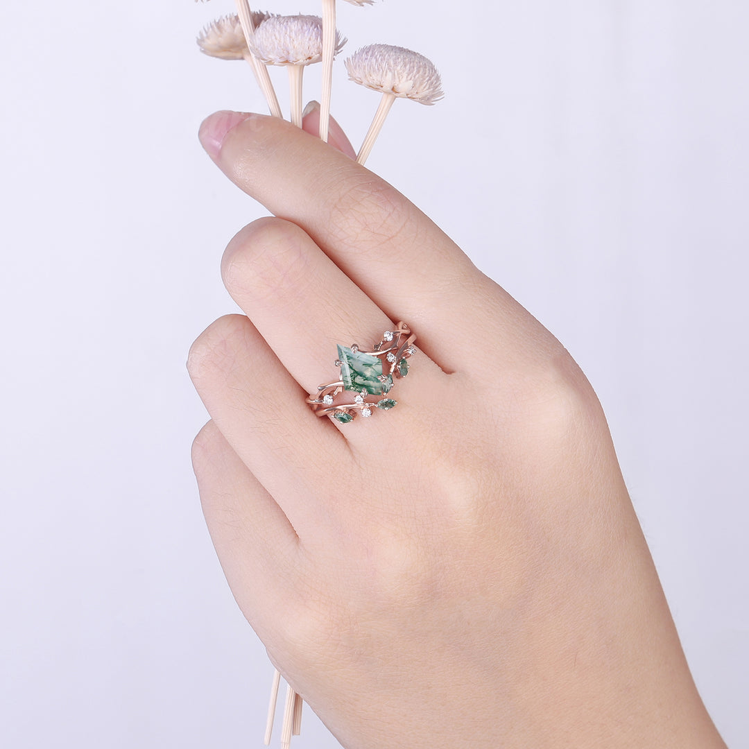 Unique Kite Cut Moss Agate Leaf and Vine Engagement Ring Set 2pcs