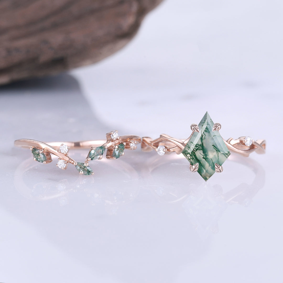 Unique Kite Cut Moss Agate Leaf and Vine Engagement Ring Set 2pcs