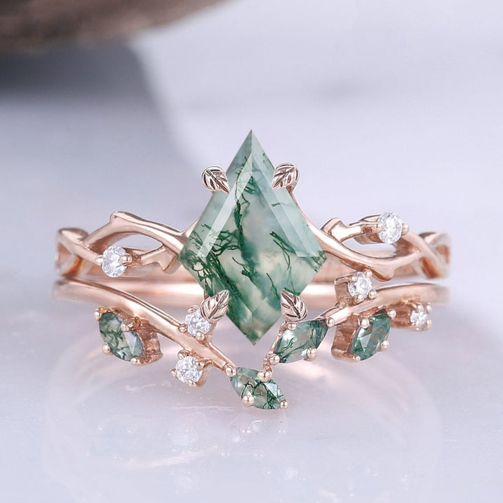 Unique Kite Cut Moss Agate Leaf and Vine Engagement Ring Set 2pcs