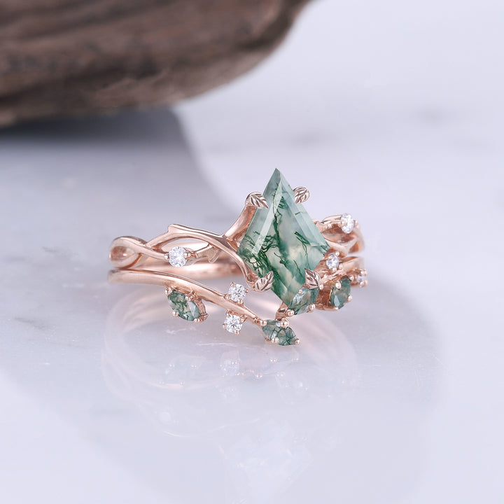 Unique Kite Cut Moss Agate Leaf and Vine Engagement Ring Set 2pcs