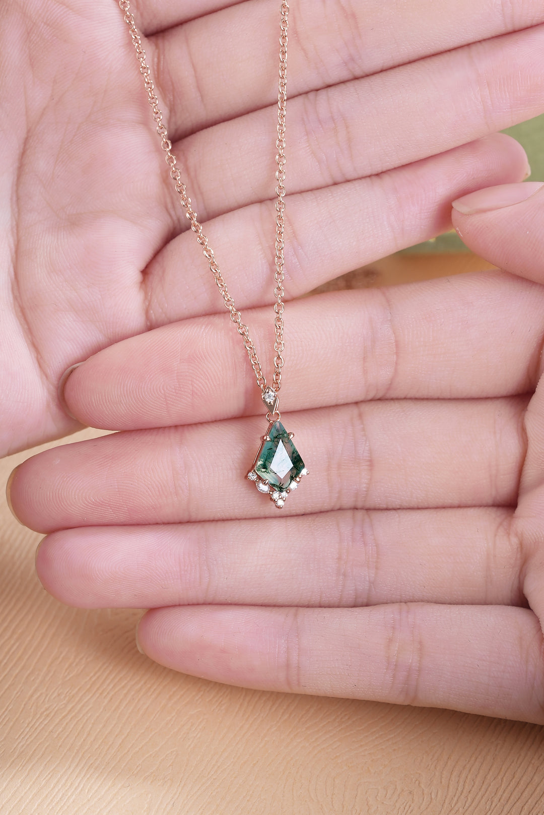 Unique Kite Cut Moss Agate Moissanite Necklace