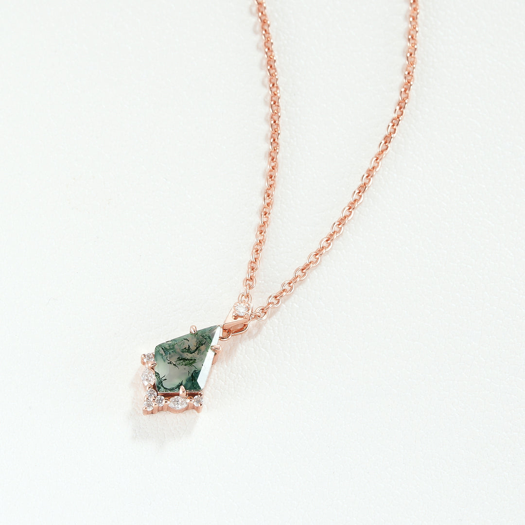 Unique Kite Cut Moss Agate Moissanite Necklace