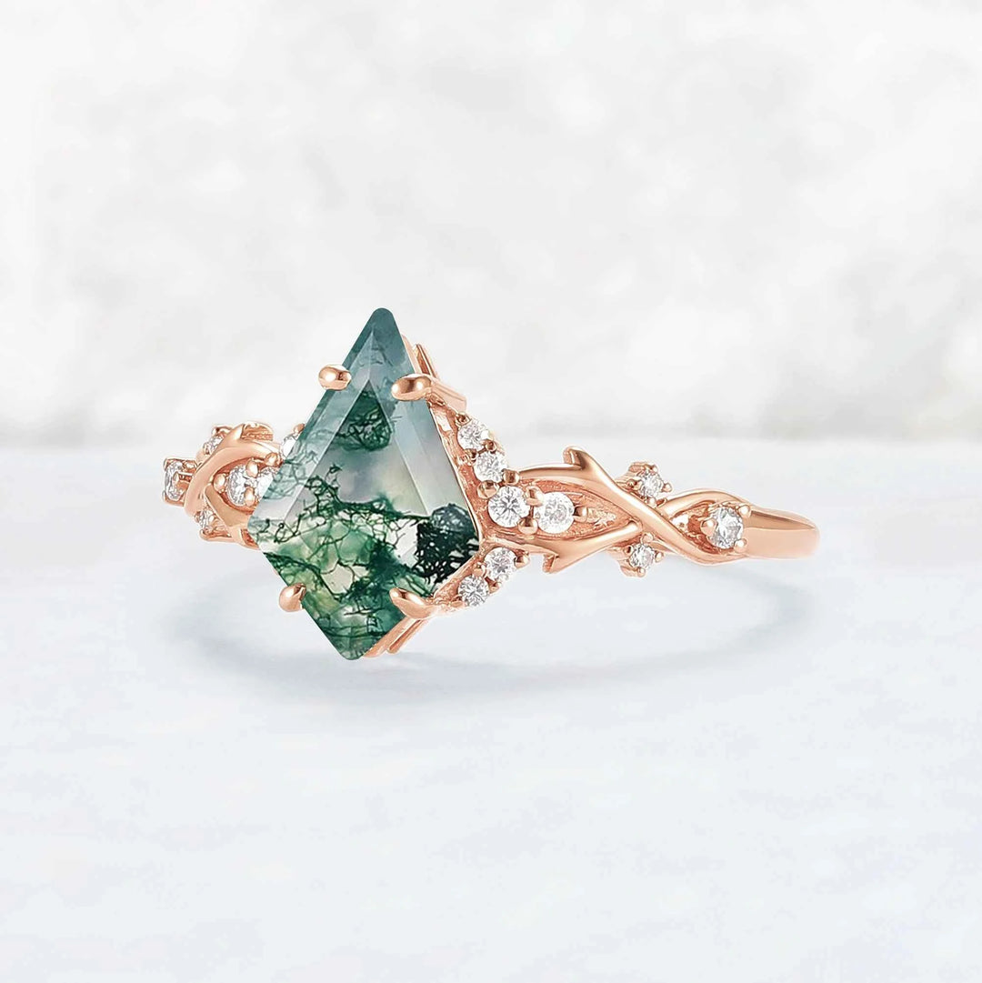 Unique Kite Cut Moss Agate with Moissanite Vine Gemstone Ring