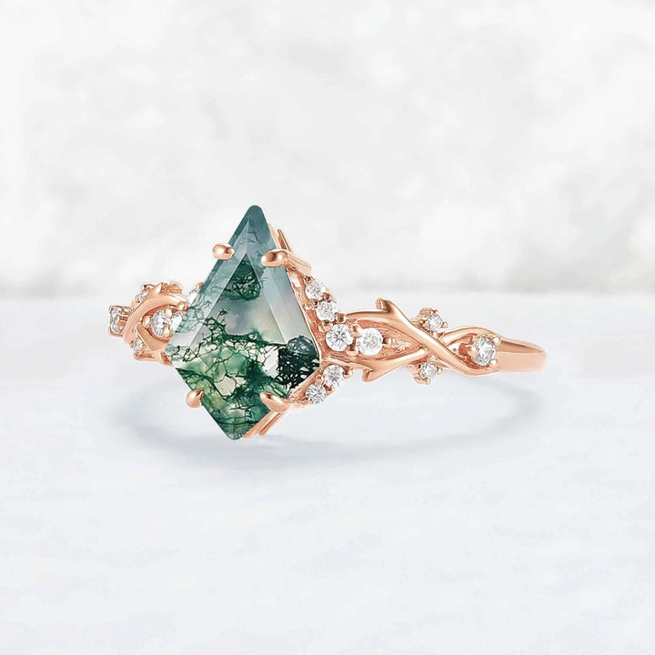 Unique Kite Cut Moss Agate with Moissanite Vine Gemstone Ring