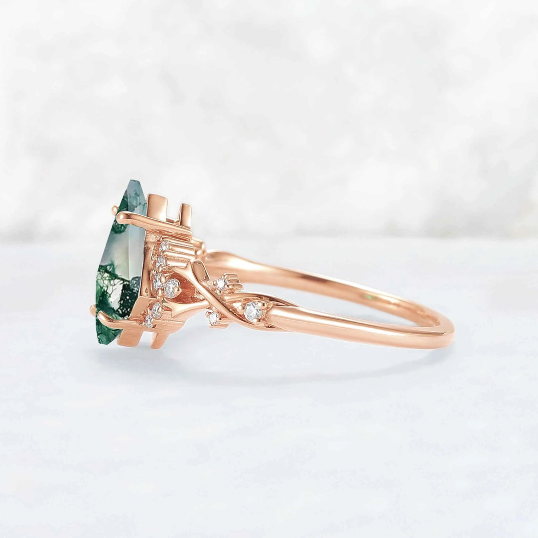 Unique Kite Cut Moss Agate with Moissanite Vine Gemstone Ring
