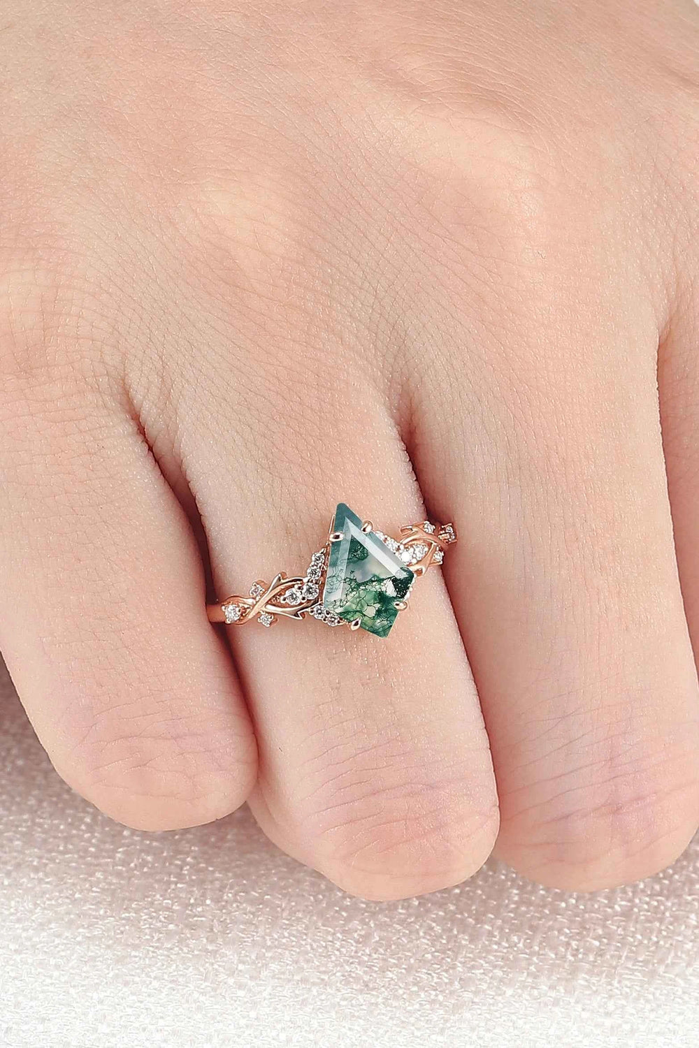 Unique Kite Cut Moss Agate with Moissanite Vine Gemstone Ring