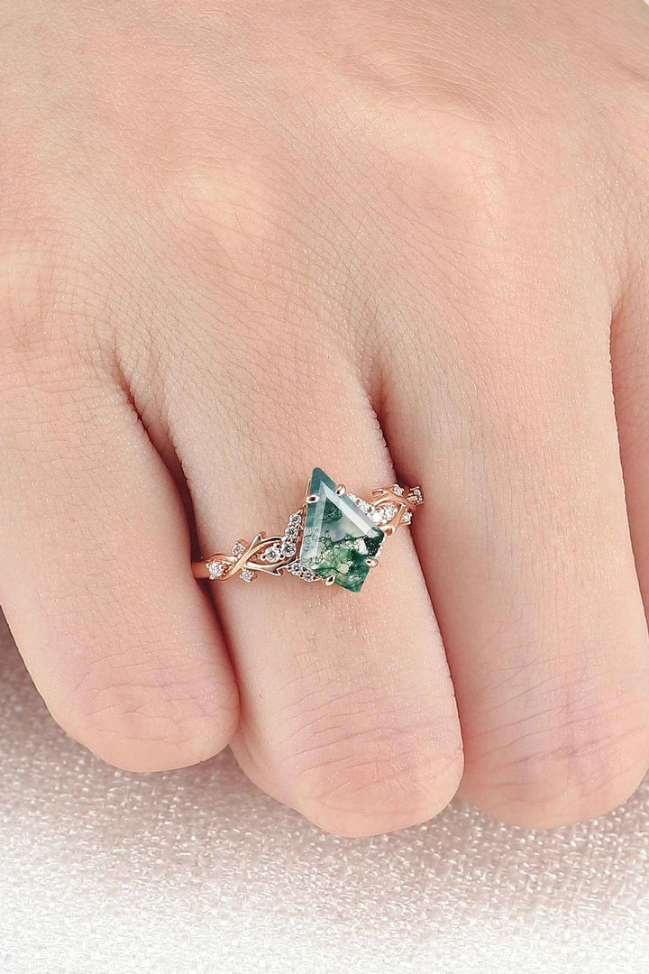 Unique Kite Cut Moss Agate with Moissanite Vine Gemstone Ring