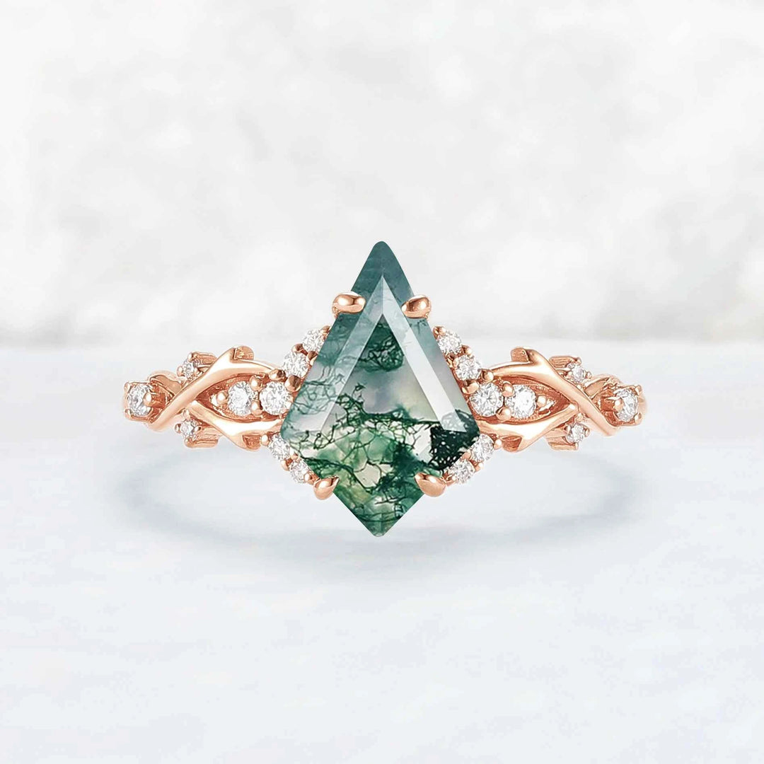 Unique Kite Cut Moss Agate with Moissanite Vine Gemstone Ring