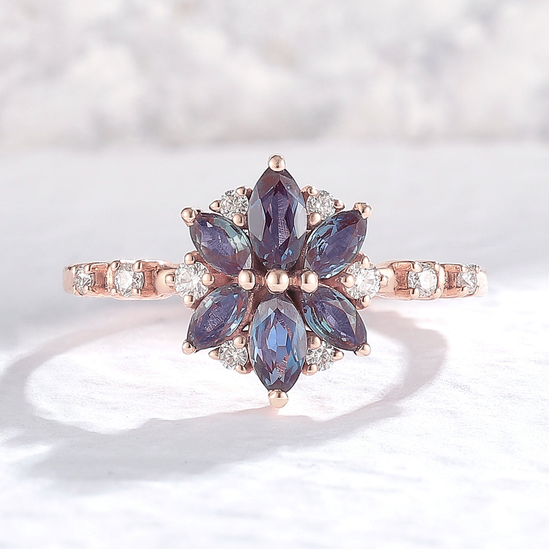 Unique Marquise Shaped Alexandrite Moissanite Bridal Ring