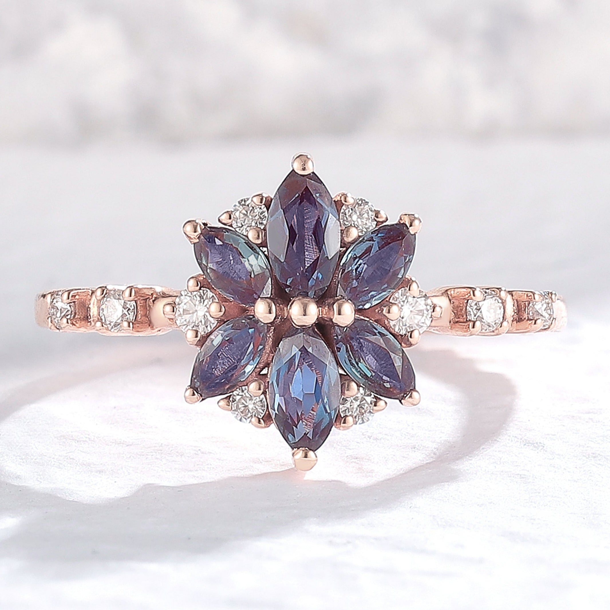 Unique Marquise Shaped Alexandrite Moissanite Bridal Ring