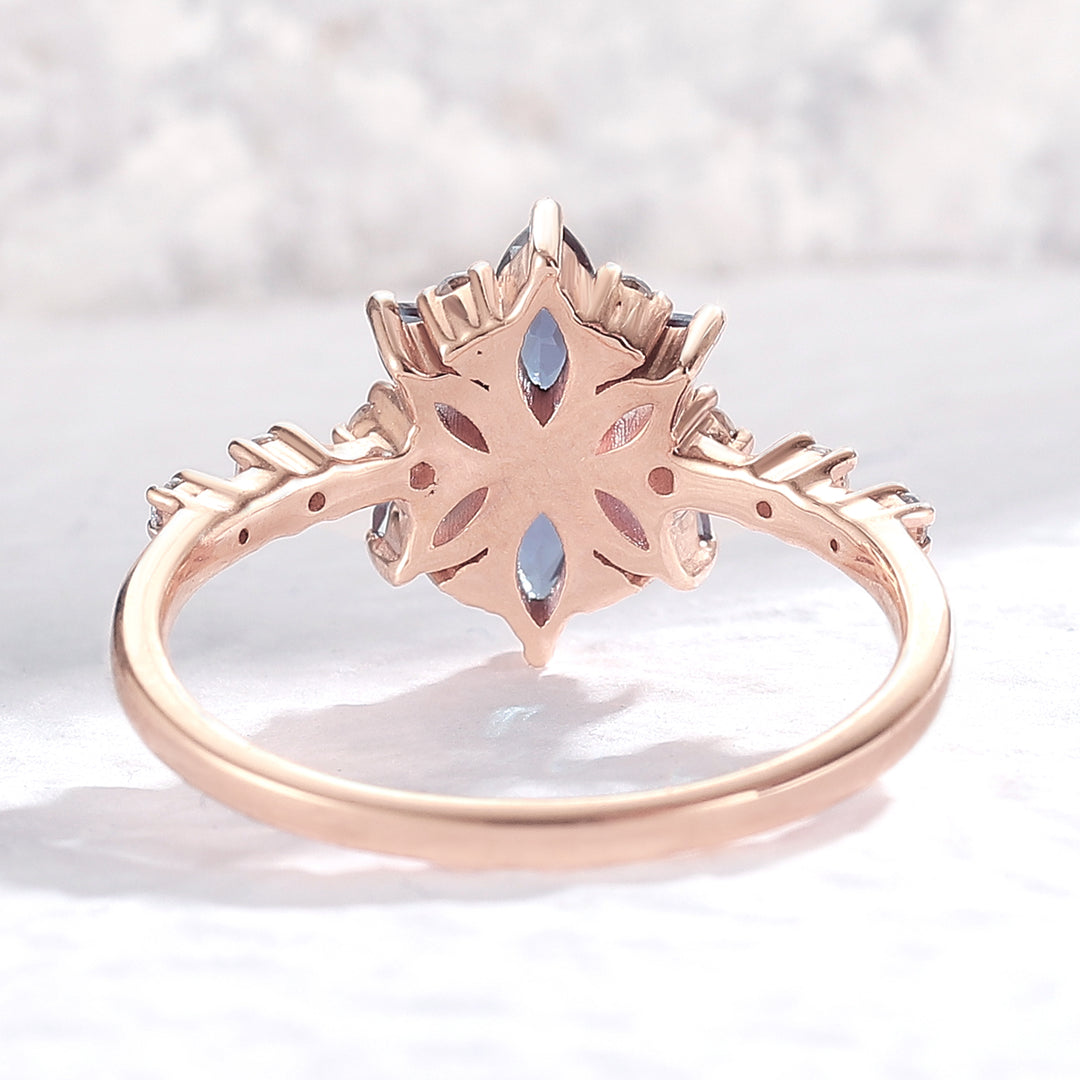 Unique Marquise Shaped Alexandrite Moissanite Bridal Ring