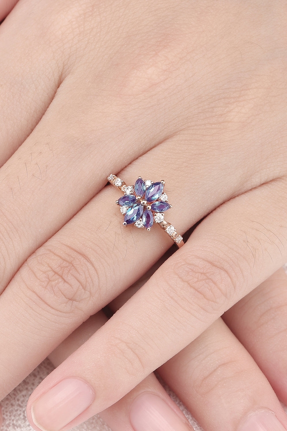 Unique Marquise Shaped Alexandrite Moissanite Bridal Ring-1