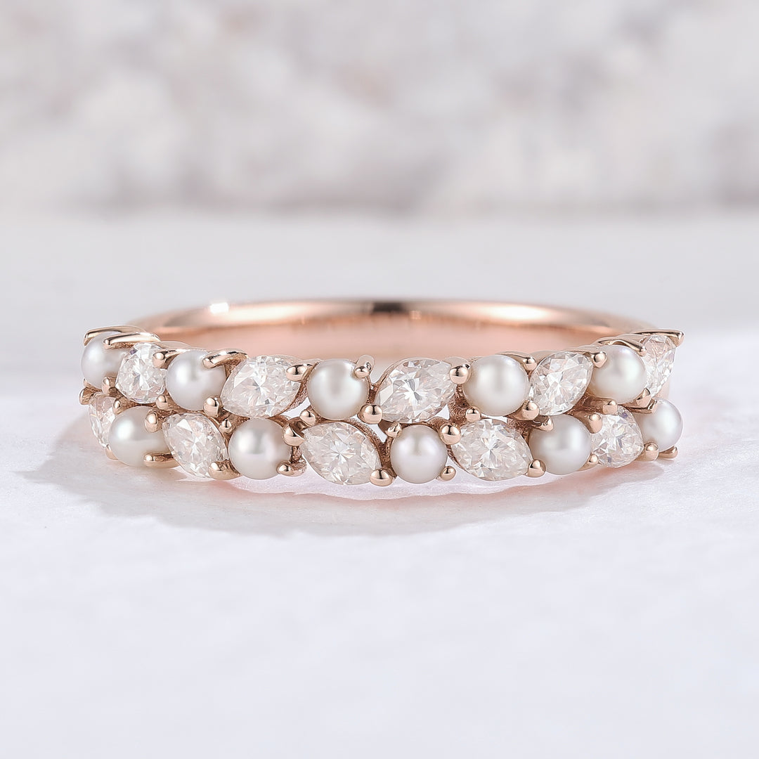 Unique Marquise Shaped Miossanite Pearl Half Enternity Wedding Band