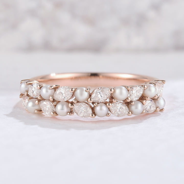 Unique Marquise Shaped Miossanite Pearl Half Enternity Wedding Band