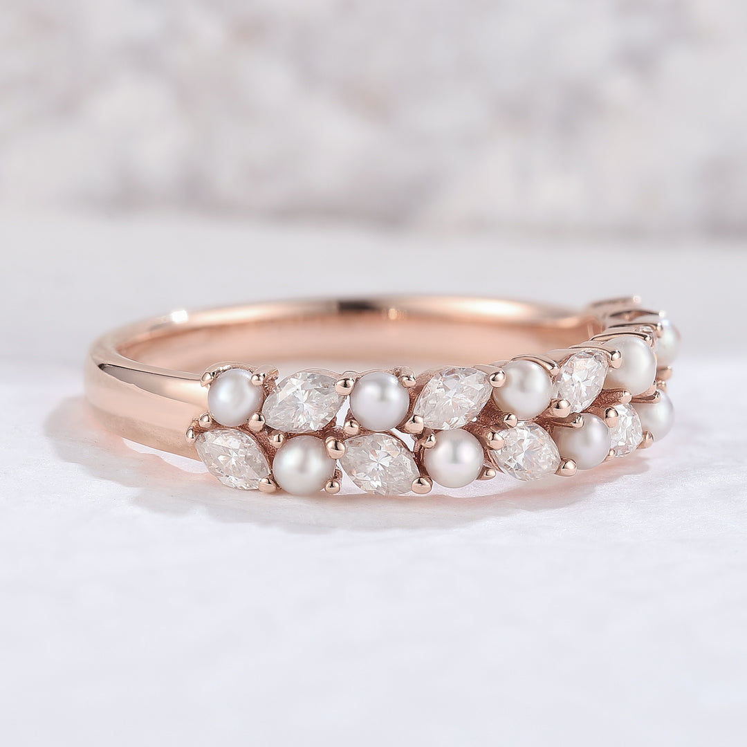 Unique Marquise Shaped Miossanite Pearl Half Enternity Wedding Band