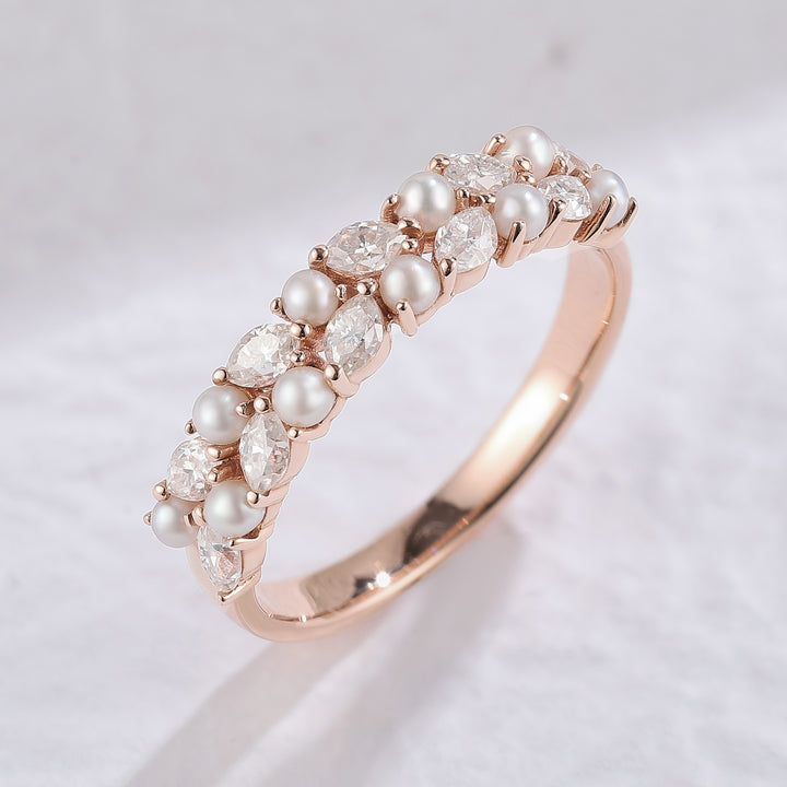 Unique Marquise Shaped Miossanite Pearl Half Enternity Wedding Band