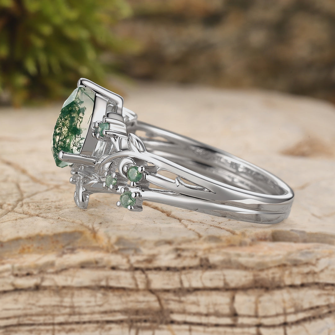 Unique Nature Inspired Pear Cut Moss Agate Engagement Ring Set 2pcs