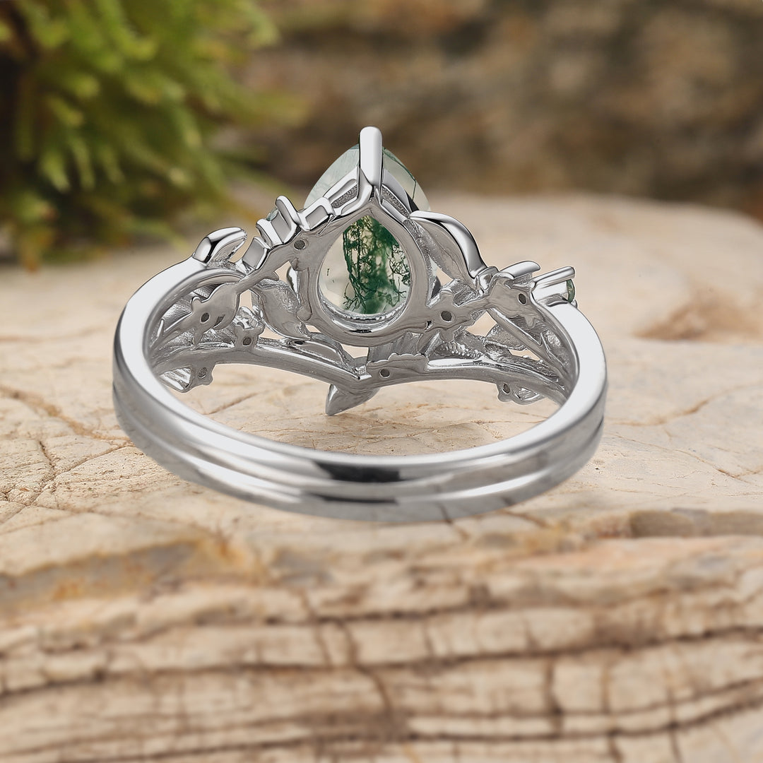 Unique Nature Inspired Pear Cut Moss Agate Engagement Ring Set 2pcs