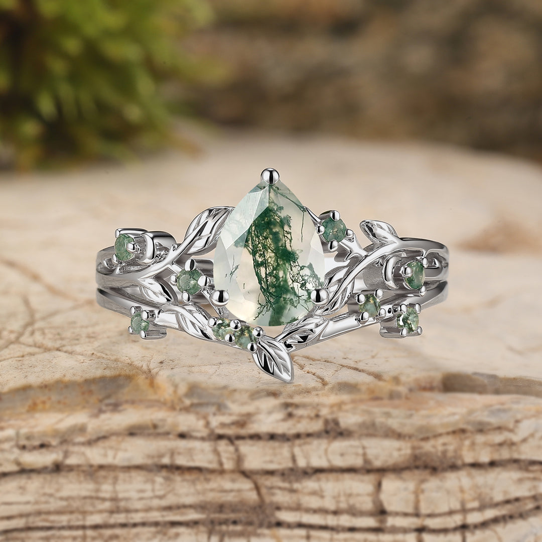 Unique Nature Inspired Pear Cut Moss Agate Engagement Ring Set 2pcs