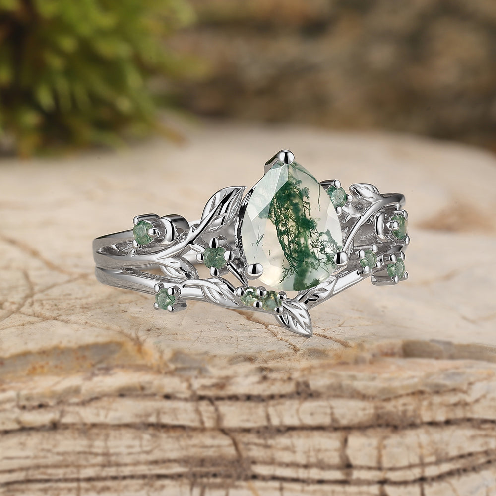 Unique Nature Inspired Pear Cut Moss Agate Engagement Ring Set 2pcs