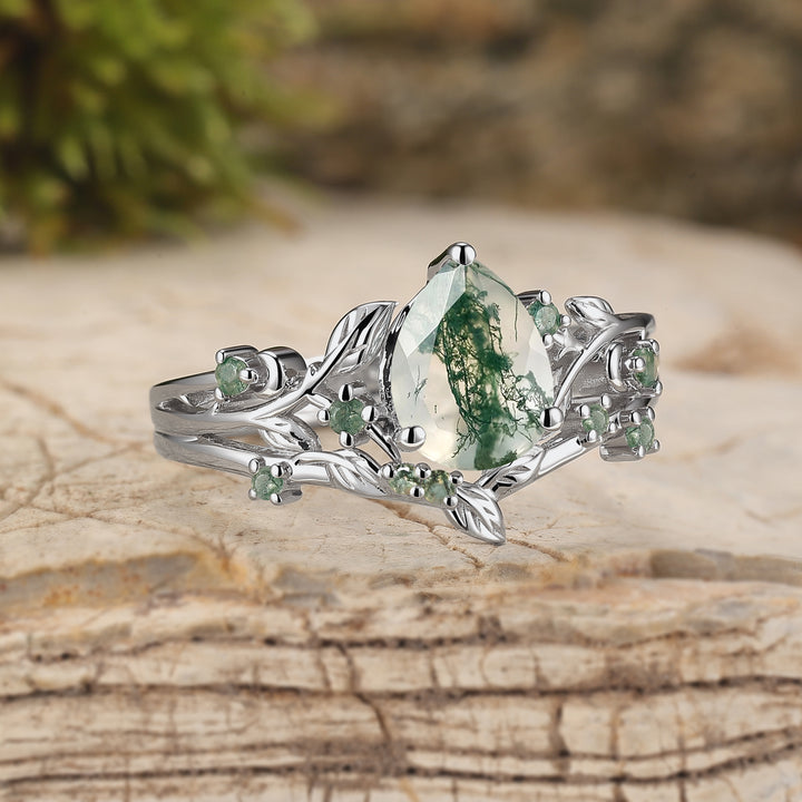 Unique Nature Inspired Pear Cut Moss Agate Engagement Ring Set 2pcs