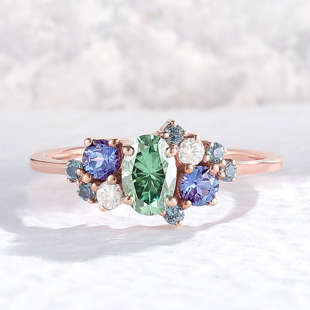 Unique Oval Cut Green Sapphire Cluster Engagement Ring