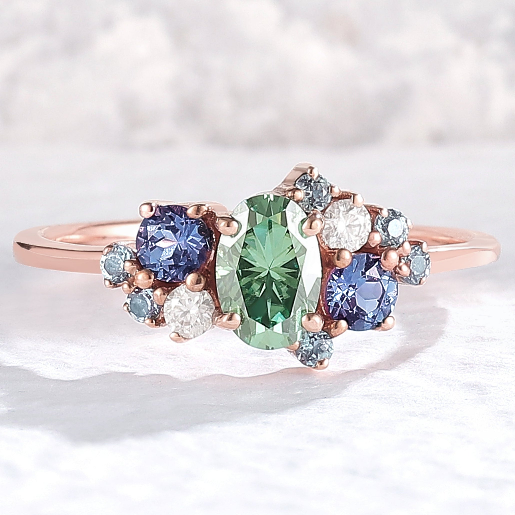 Unique Oval Cut Green Sapphire Cluster Engagement Ring - Iver Jewelry