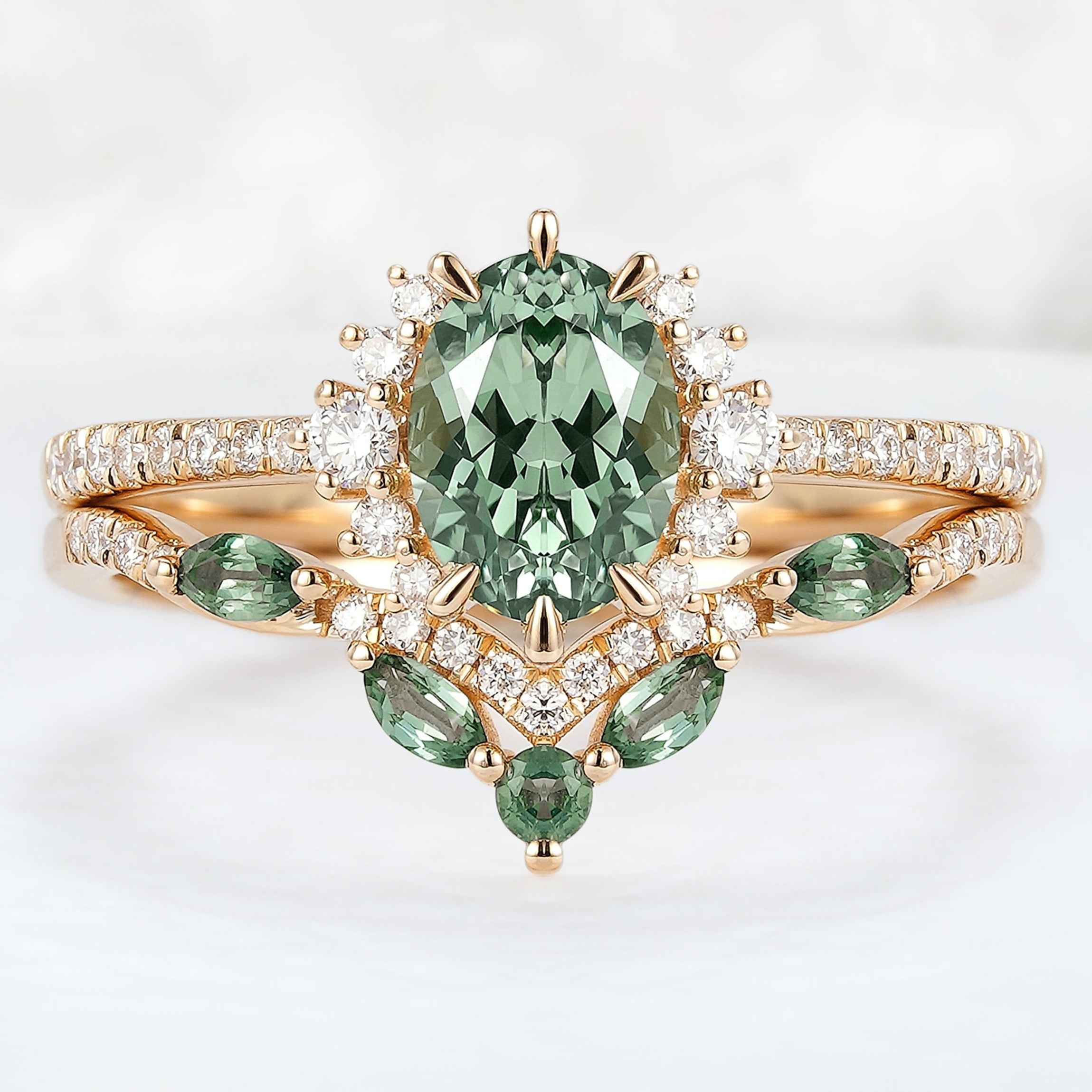 Cluster Hexagon Cut Green Sapphire Gemstone Ring Set 2pcs