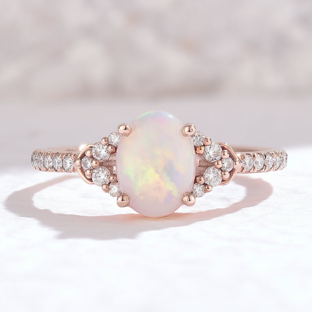 Unique Oval Cut Opal Timeless Half Enternity Engagement Ring