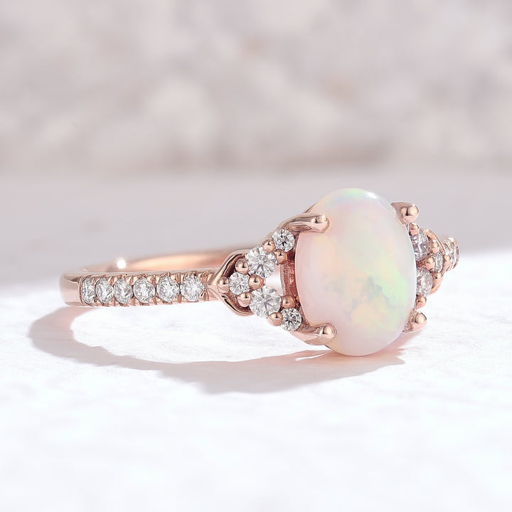 Unique Oval Cut Opal Timeless Half Enternity Engagement Ring