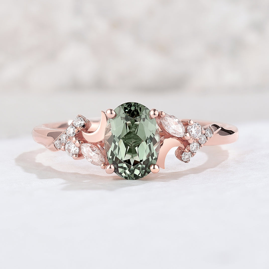 Unique Oval Green Sapphire Twig Engagement Ring