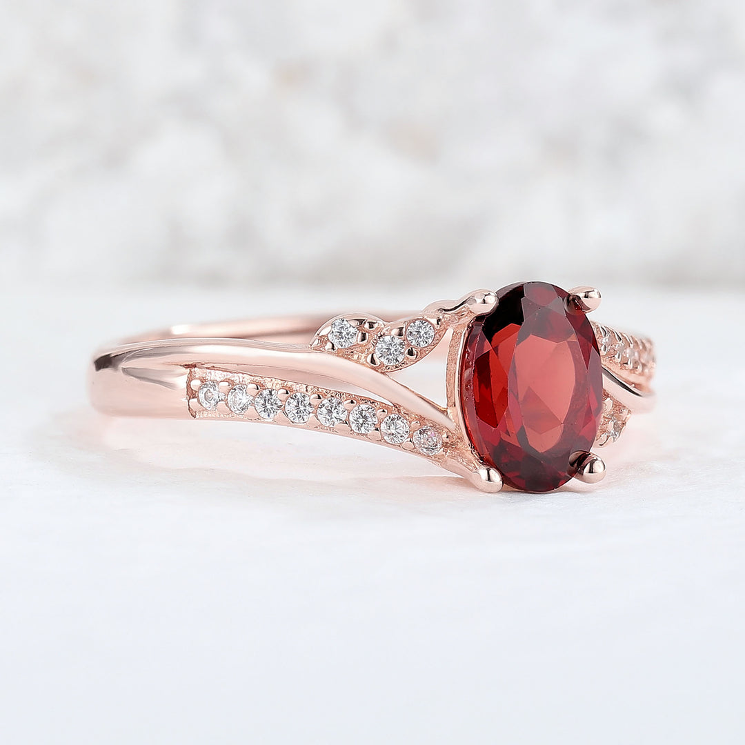 Unique Oval Shaped Garnet Vine Engagement Ring