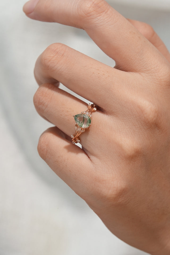 Unique Pear Cut Moss Agate Moissanite Vine Engagement Ring