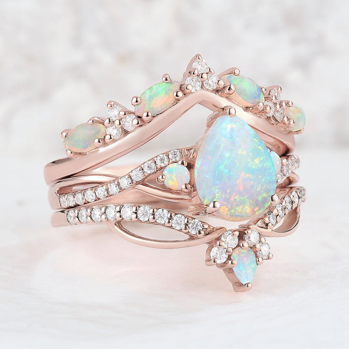 Unique Pear Cut Opal Vine Engagement Ring Set 3pcs