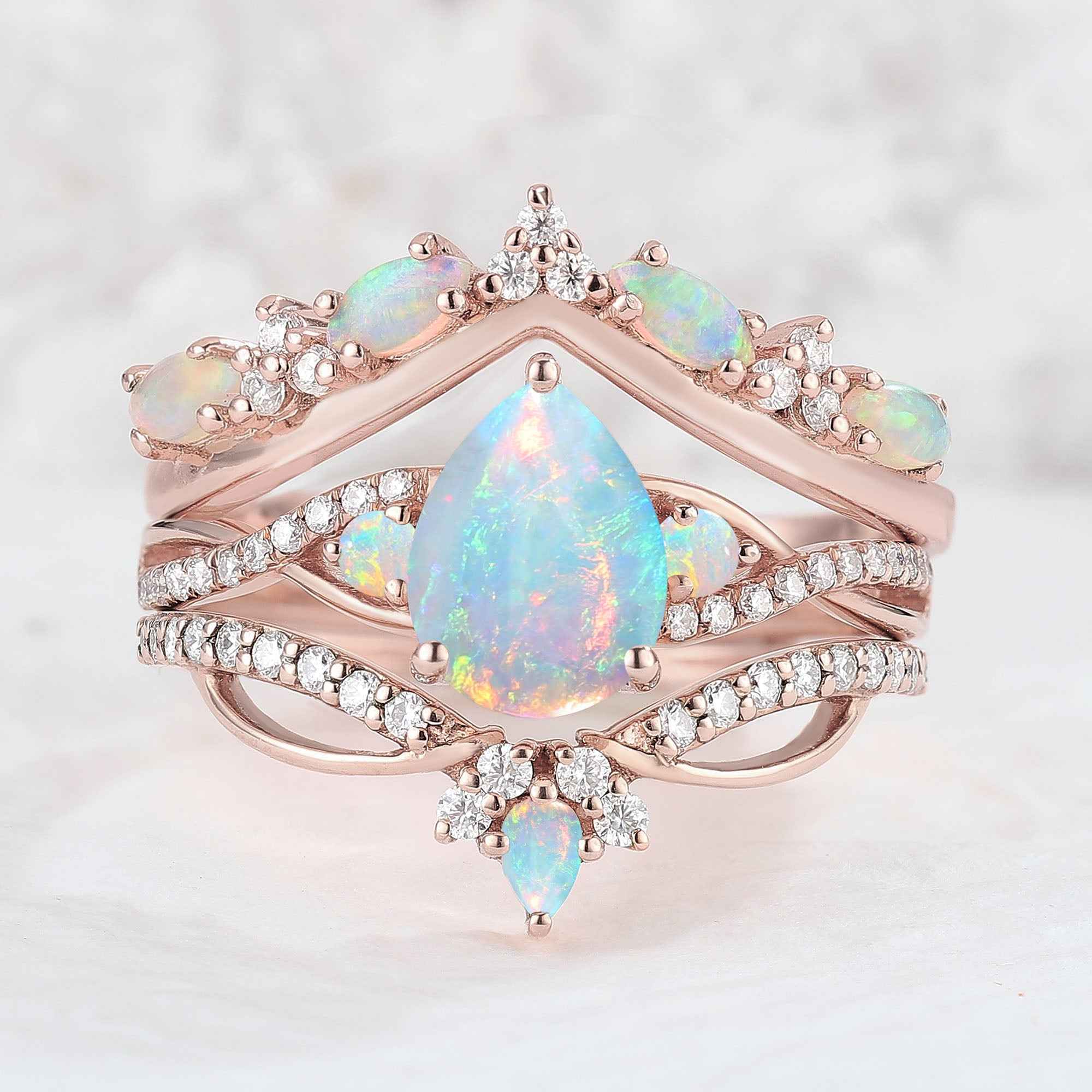 Unique Pear Cut Blue Topaz Vine Gemstone Ring Set 3pcs