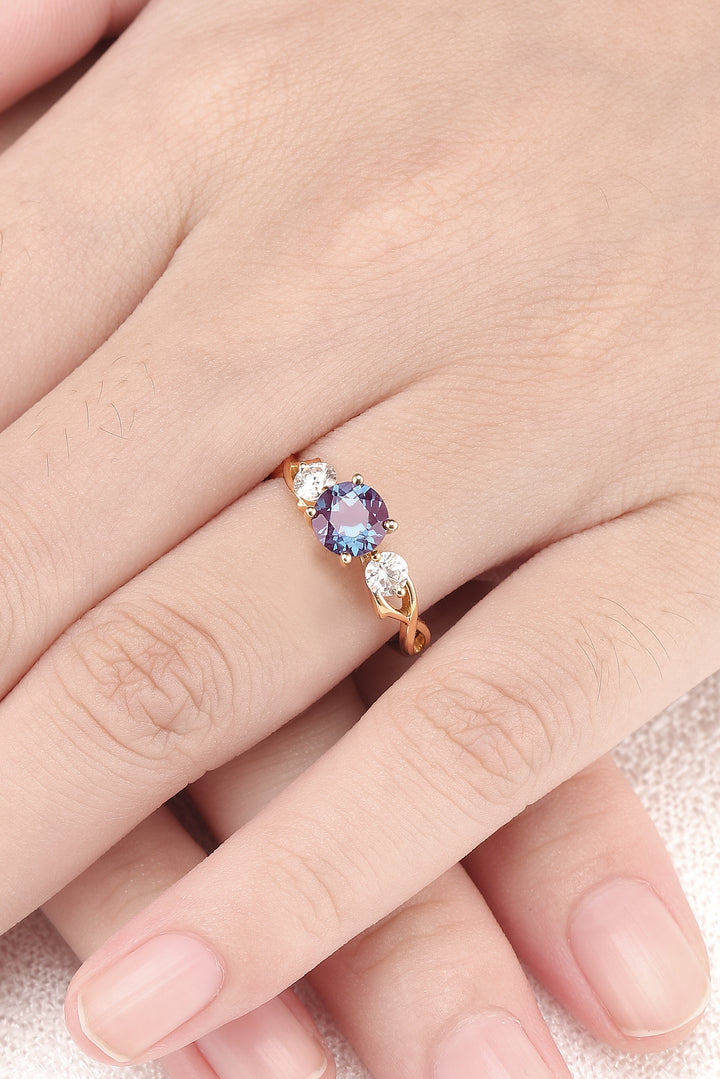 Unique Round Cut Alexandrite Moissanite Three Stone Engagement Ring