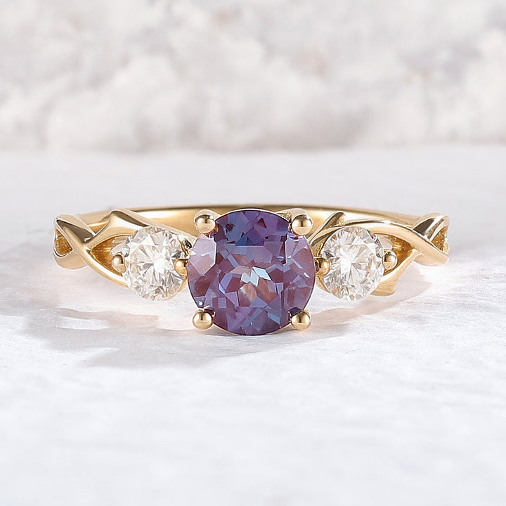 Unique Round Cut Alexandrite Moissanite Three Stone Engagement Ring