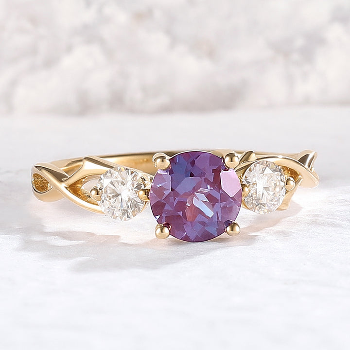 Unique Round Cut Alexandrite Moissanite Three Stone Engagement Ring