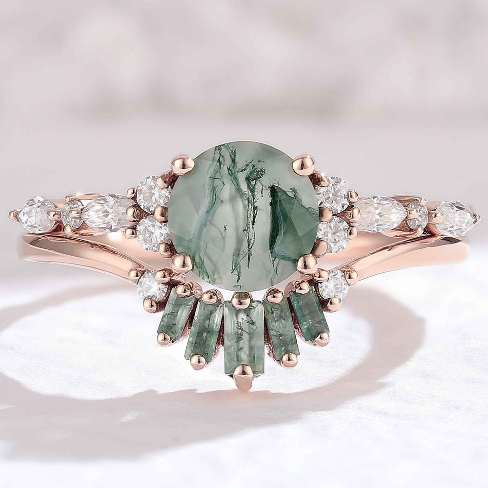 Unique Round Cut Moss Agate Captivating Ring Set 2pcs