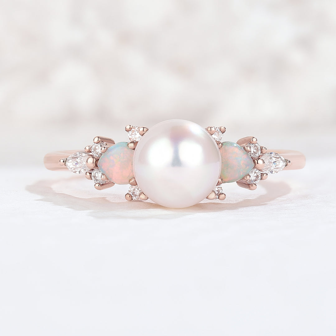 Unique Round Pearl and Opal Decor Engagement Ring