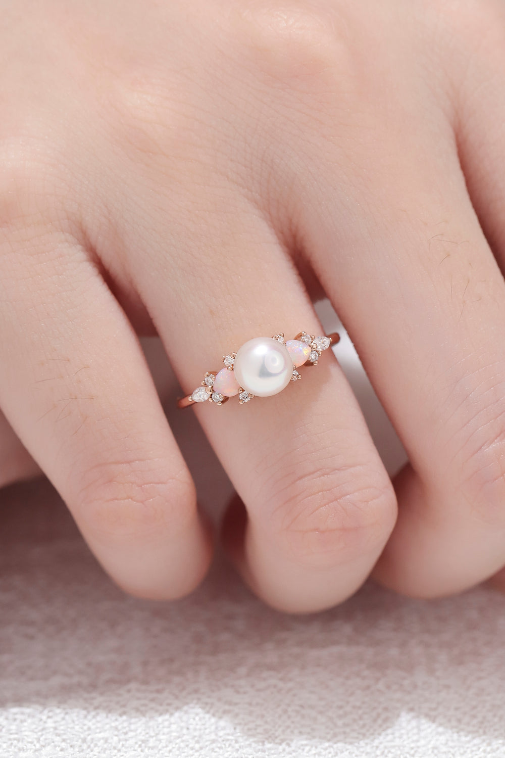 Unique Round Pearl and Opal Decor Engagement Ring