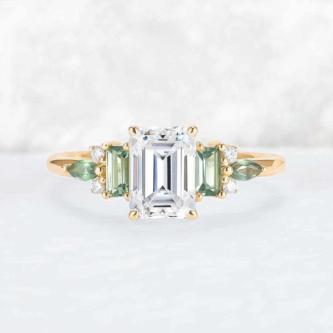 Unique Aveline Emerald Cut Moissanite and Green Sapphire Ring