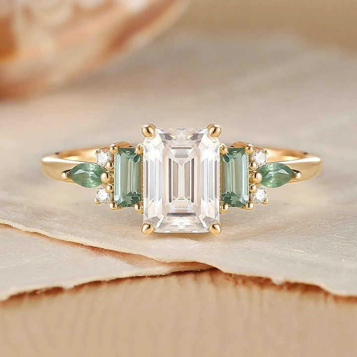 Unique Aveline Emerald Cut Moissanite and Moss Agate Ring