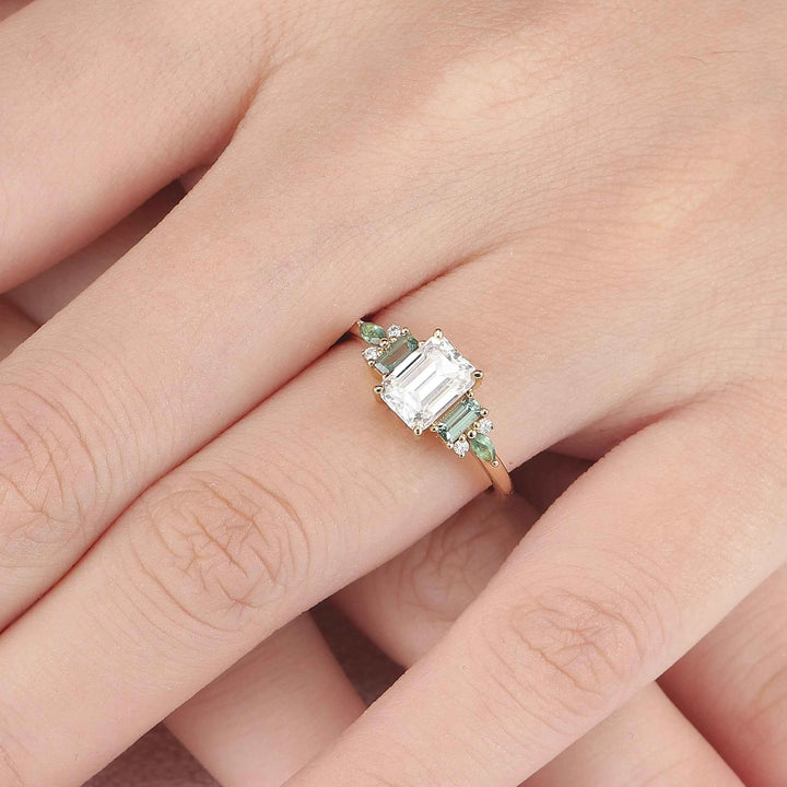 Unique Aveline Emerald Cut Moissanite and Moss Agate Ring