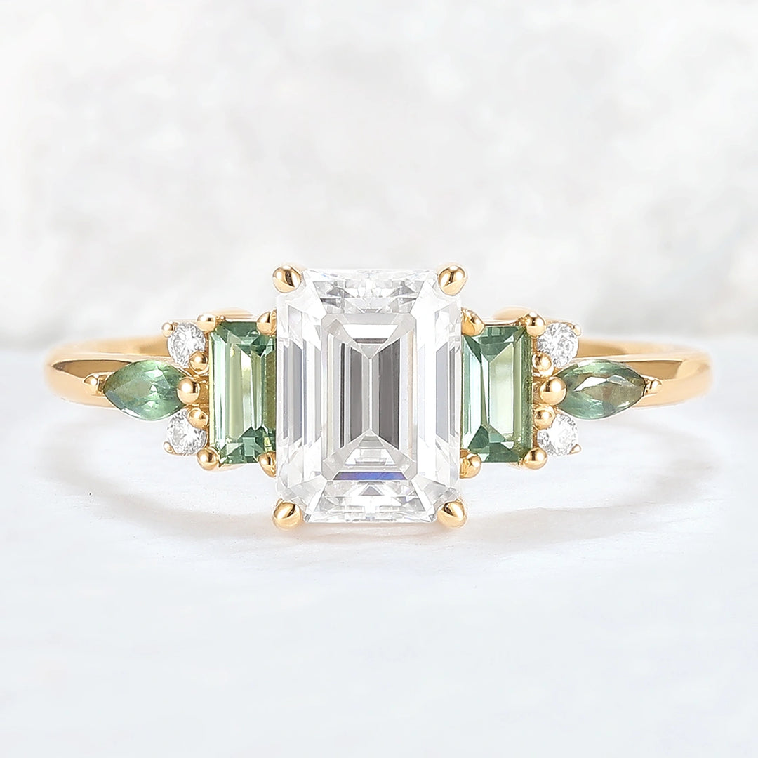 Unique Aveline Emerald Cut Moissanite and Green Sapphire Ring