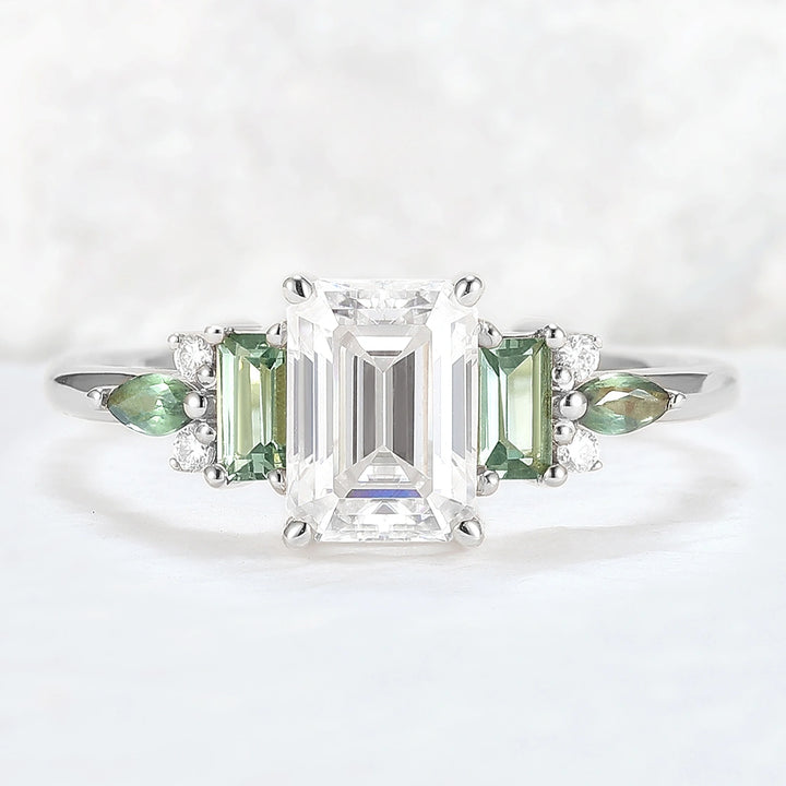 Unique Aveline Emerald Cut Moissanite and Green Sapphire Ring