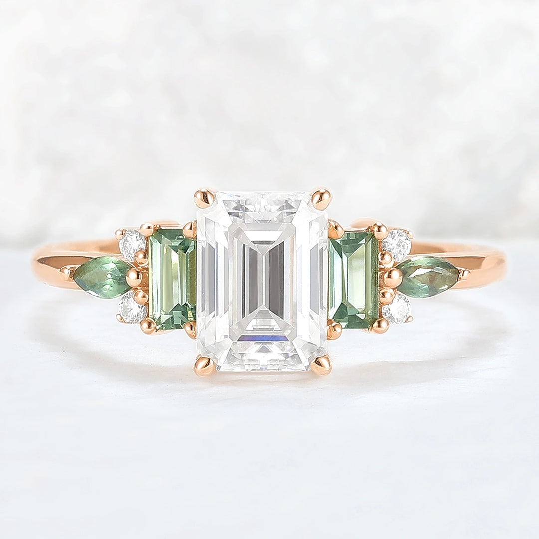 Unique Aveline Emerald Cut Moissanite and Green Sapphire Ring