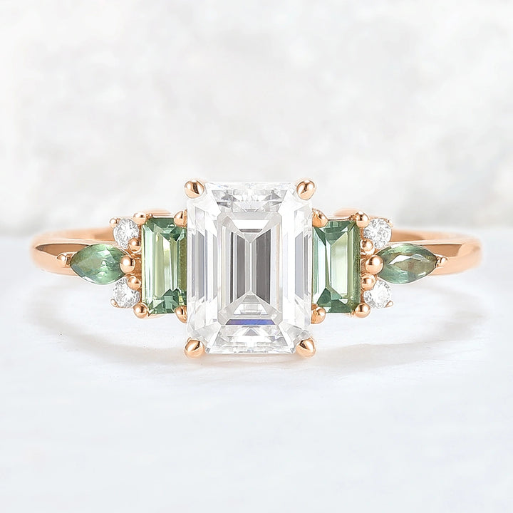 Unique Aveline Emerald Cut Moissanite and Green Sapphire Ring